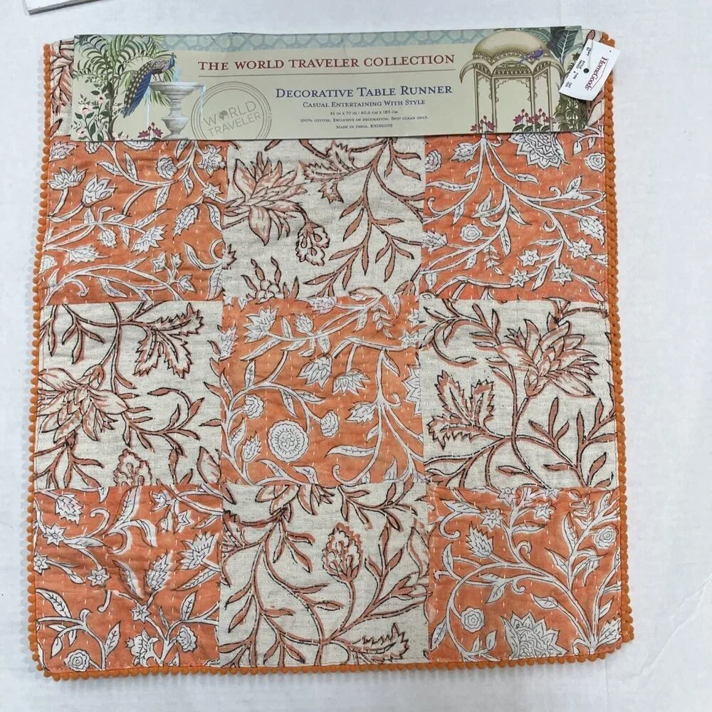 World Traveler Table Runner Muted Orange‎ Cream Floral Patchwork 16x72 Boho
